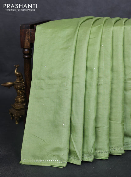 Pure tussar silk saree light green with mirror embroidery work and embroidery work blouse