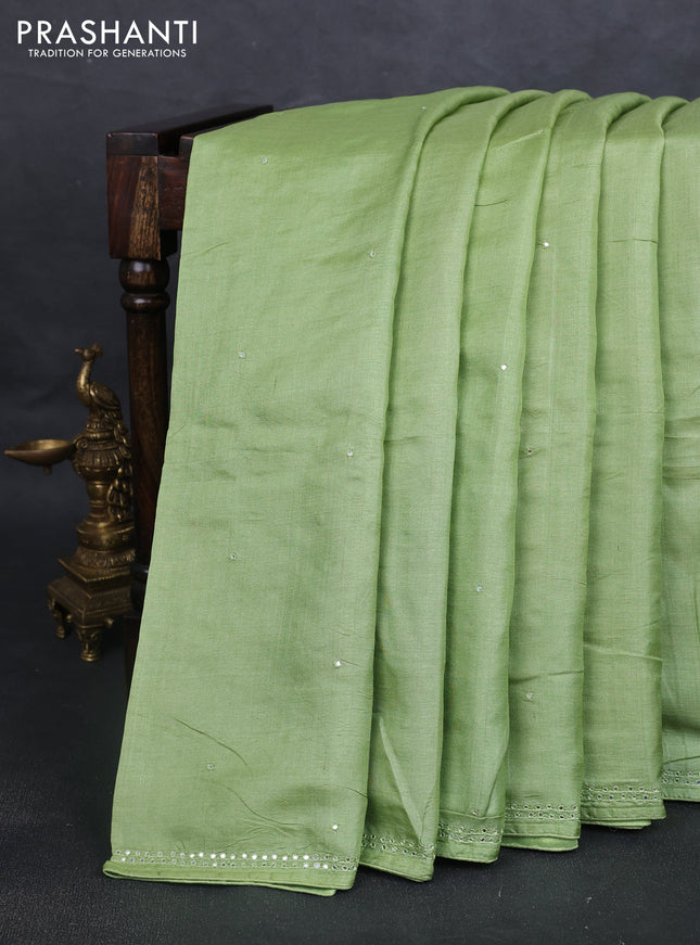 Pure tussar silk saree light green with mirror embroidery work and embroidery work blouse