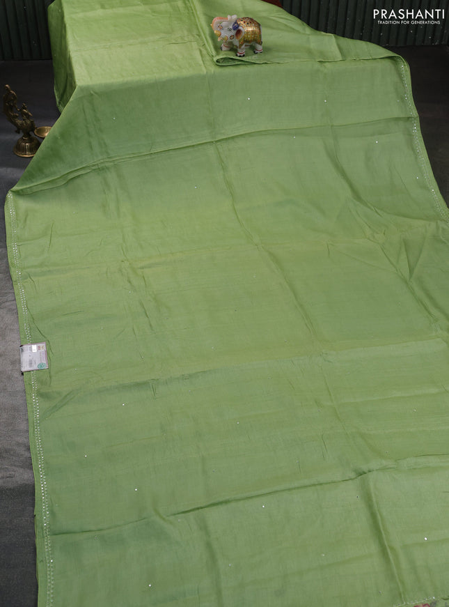 Pure tussar silk saree light green with mirror embroidery work and embroidery work blouse