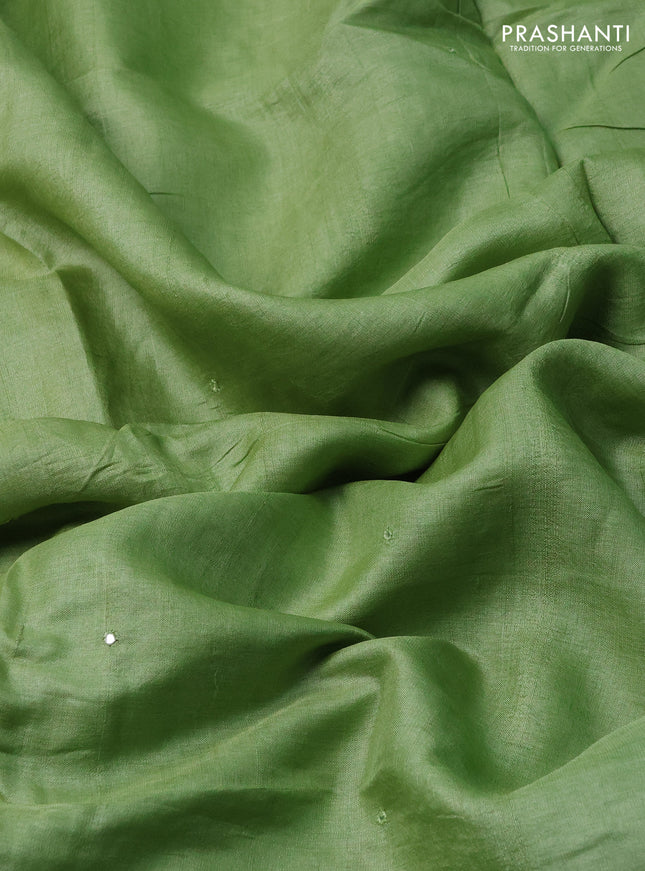 Pure tussar silk saree light green with mirror embroidery work and embroidery work blouse