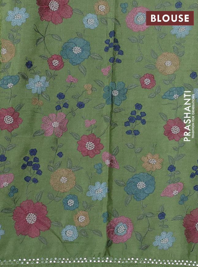 Pure tussar silk saree light green with mirror embroidery work and embroidery work blouse