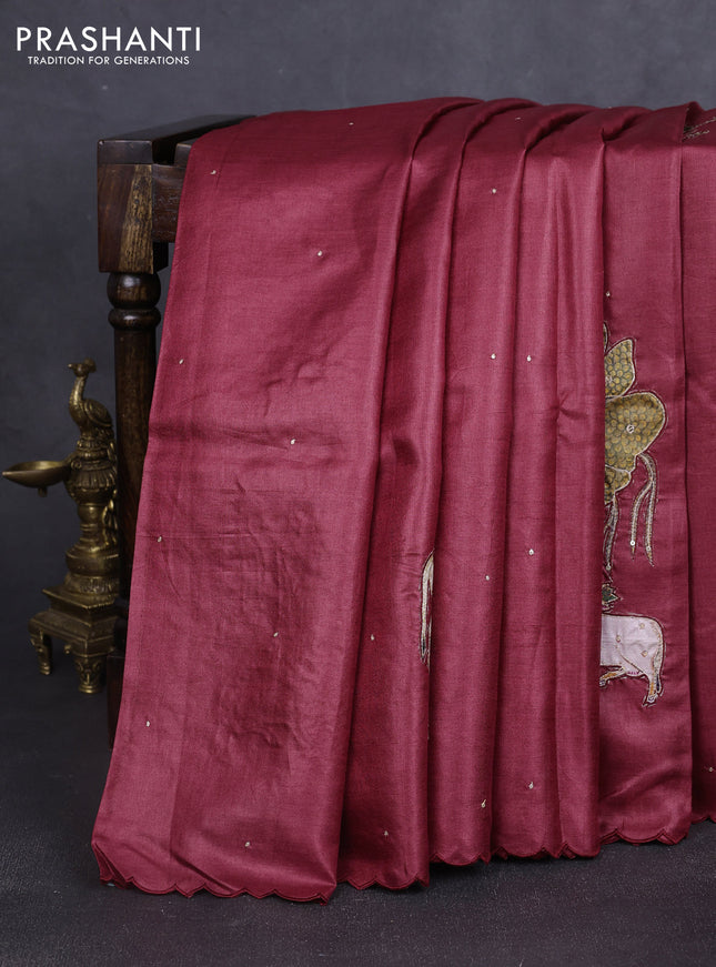 Pure tussar silk saree maroon and beige with kalamkari applique work and kalamkari prints & pita work pallu