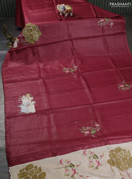 Pure tussar silk saree maroon and beige with kalamkari applique work and kalamkari prints & pita work pallu