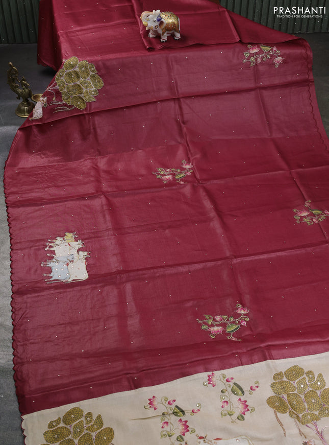 Pure tussar silk saree maroon and beige with kalamkari applique work and kalamkari prints & pita work pallu