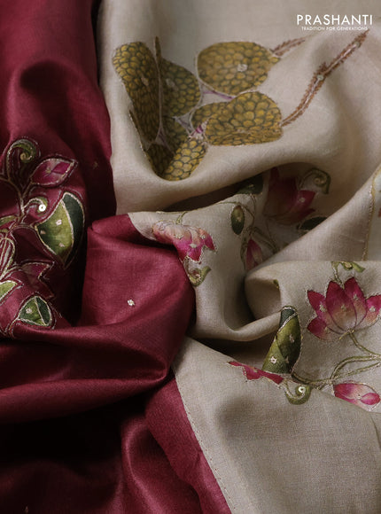 Pure tussar silk saree maroon and beige with kalamkari applique work and kalamkari prints & pita work pallu