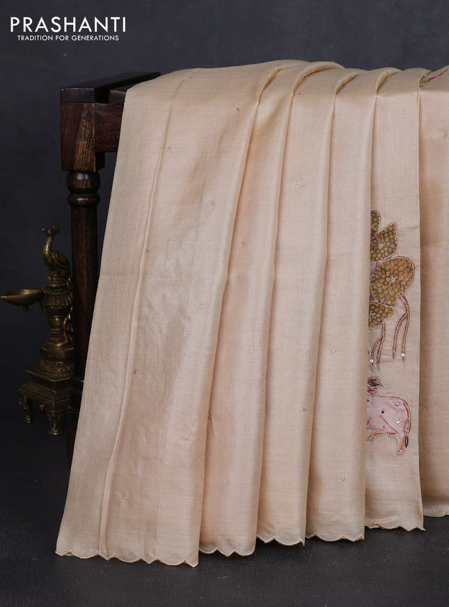 Pure tussar silk saree cream and beige with kalamkari applique work and kalamkari prints & pita work pallu