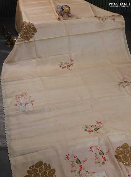 Pure tussar silk saree cream and beige with kalamkari applique work and kalamkari prints & pita work pallu