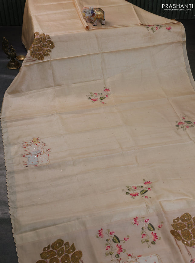 Pure tussar silk saree cream and beige with kalamkari applique work and kalamkari prints & pita work pallu