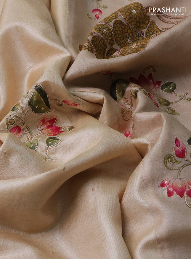 Pure tussar silk saree cream and beige with kalamkari applique work and kalamkari prints & pita work pallu