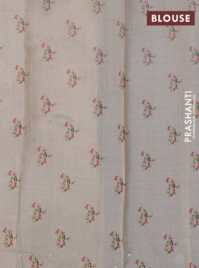 Pure tussar silk saree elephant grey and beige with kalamkari applique work and kalamkari prints & pita work pallu
