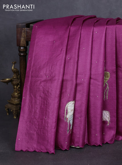 Pure tussar silk saree purple and beige with kalamkari applique work and kalamkari prints & pita work pallu