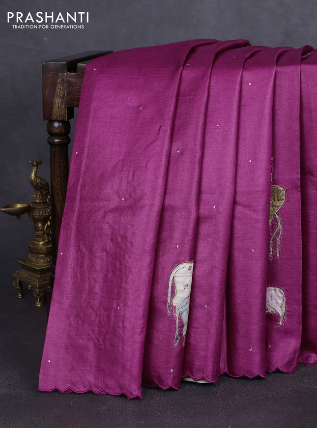 Pure tussar silk saree purple and beige with kalamkari applique work and kalamkari prints & pita work pallu