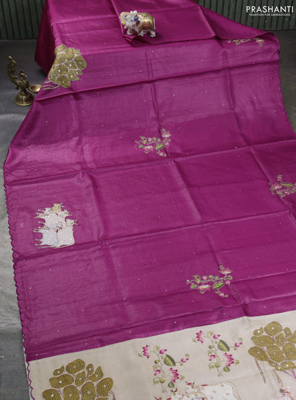Pure tussar silk saree purple and beige with kalamkari applique work and kalamkari prints & pita work pallu