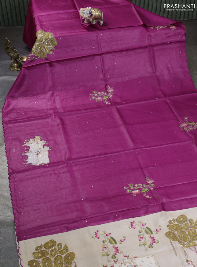 Pure tussar silk saree purple and beige with kalamkari applique work and kalamkari prints & pita work pallu