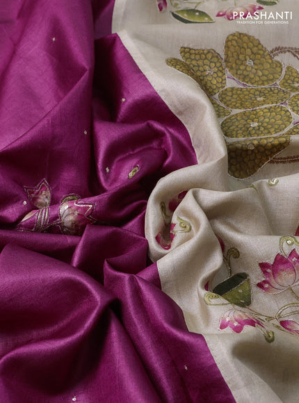 Pure tussar silk saree purple and beige with kalamkari applique work and kalamkari prints & pita work pallu