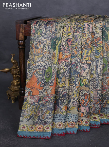 Pure tussar silk saree beige and peacock blue with allover kalamkari prints & kantha stitch work
