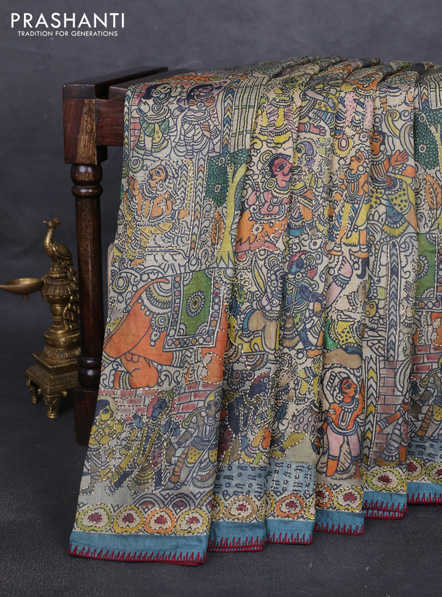 Pure tussar silk saree beige and peacock blue with allover kalamkari prints & kantha stitch work
