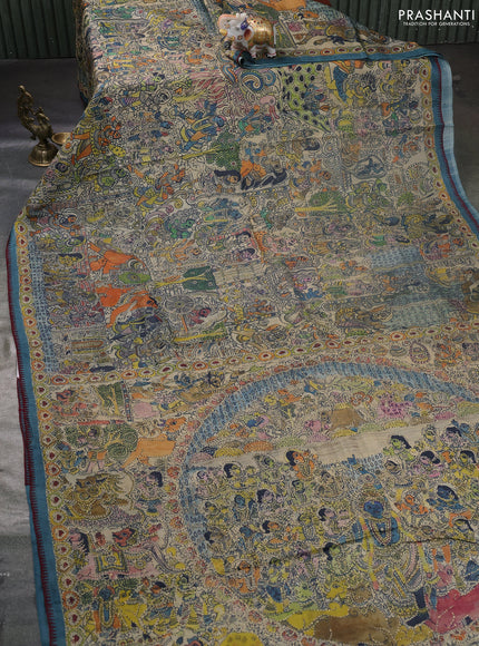 Pure tussar silk saree beige and peacock blue with allover kalamkari prints & kantha stitch work