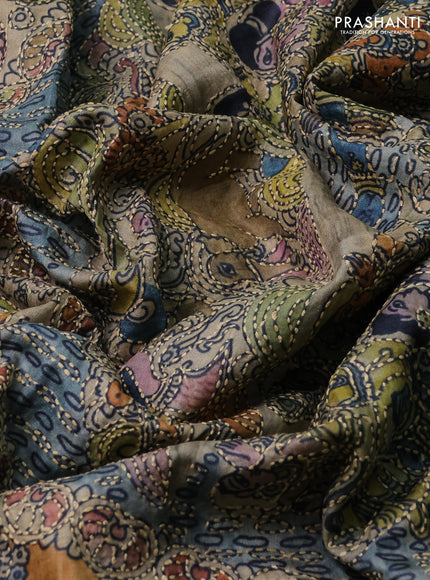 Pure tussar silk saree beige and peacock blue with allover kalamkari prints & kantha stitch work