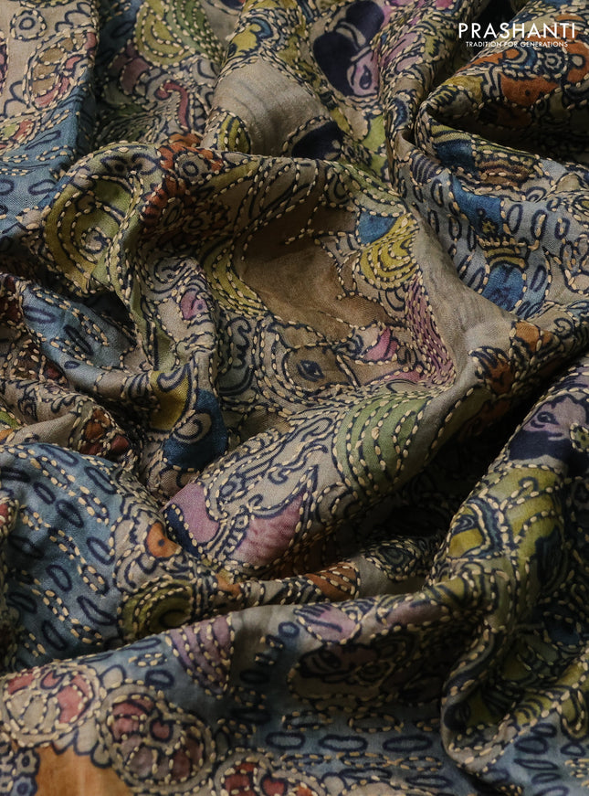 Pure tussar silk saree beige and peacock blue with allover kalamkari prints & kantha stitch work