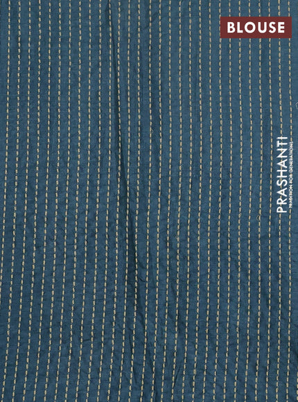 Pure tussar silk saree beige and peacock blue with allover kalamkari prints & kantha stitch work