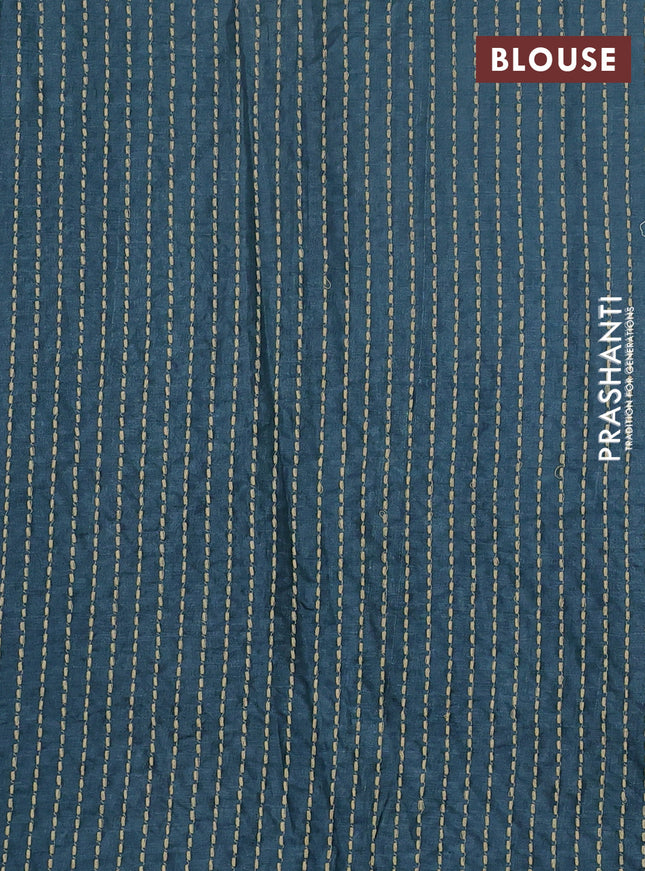 Pure tussar silk saree beige and peacock blue with allover kalamkari prints & kantha stitch work