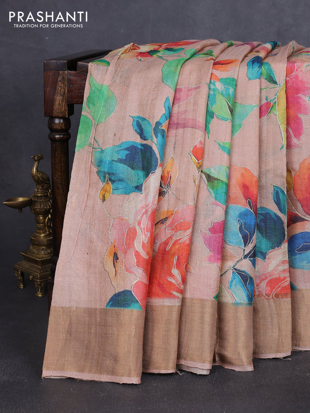 Pure tussar silk saree pastel peach with allover floral prints & pita work and zari woven border