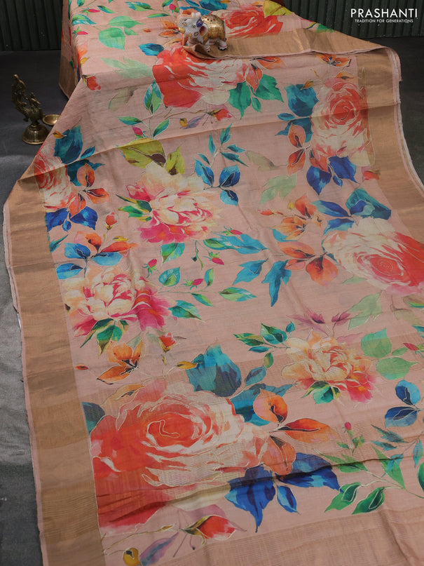 Pure tussar silk saree pastel peach with allover floral prints & pita work and zari woven border