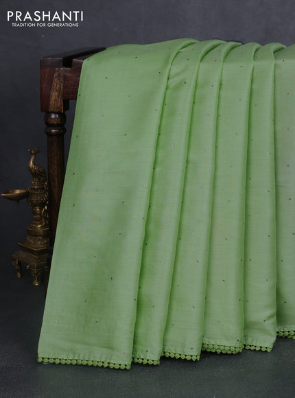 Pure tussar silk saree pista green with sequin & crocia lace work border