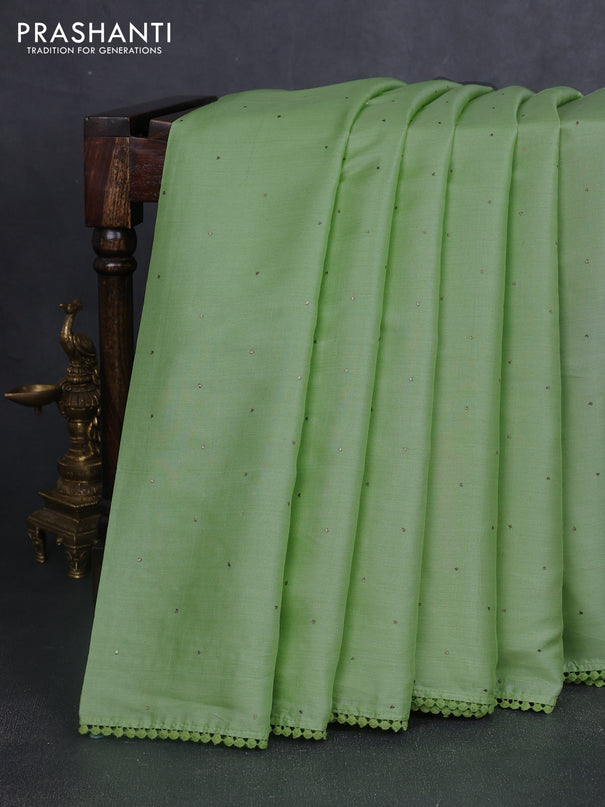 Pure tussar silk saree pista green with sequin & crocia lace work border