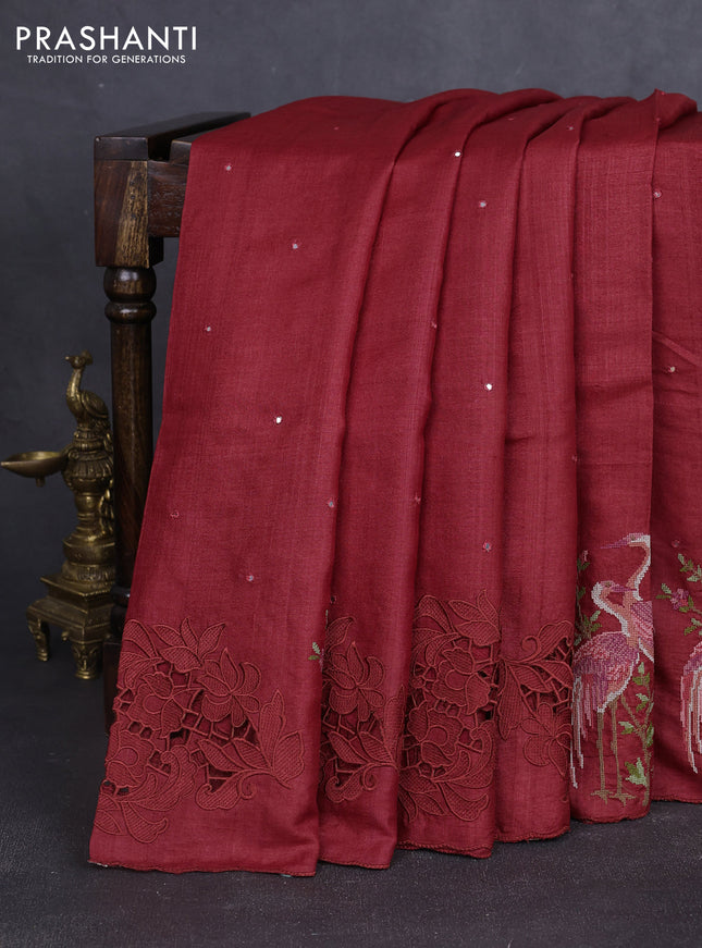 Pure tussar silk saree maroon with mirror work and embroidery cut work border