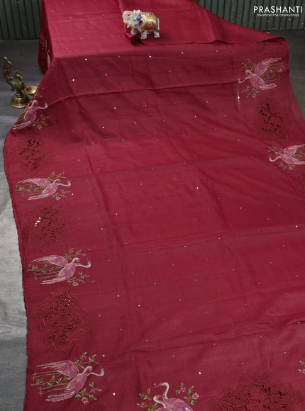 Pure tussar silk saree maroon with mirror work and embroidery cut work border