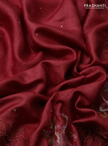Pure tussar silk saree maroon with mirror work and embroidery cut work border
