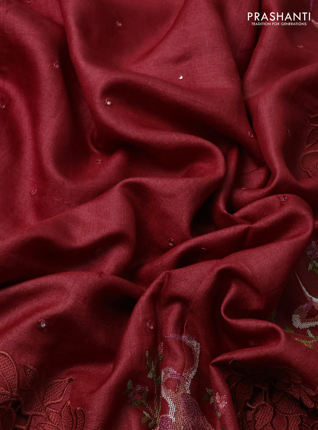 Pure tussar silk saree maroon with mirror work and embroidery cut work border