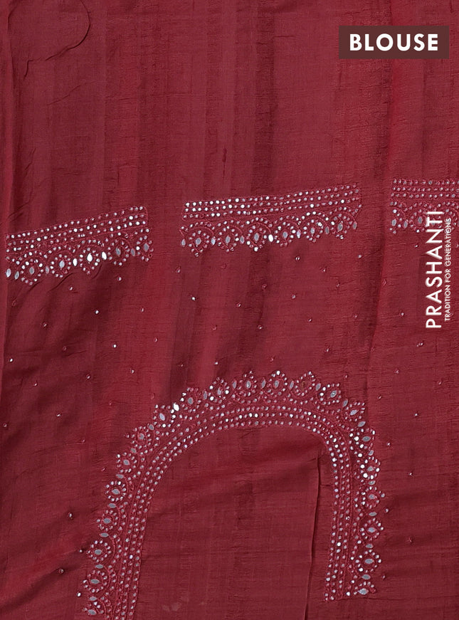 Pure tussar silk saree maroon with mirror work and embroidery cut work border