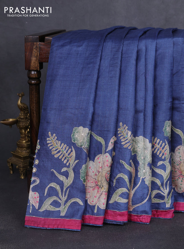 Pure tussar silk saree navy blue and dark pink with prints & embroidery knot work