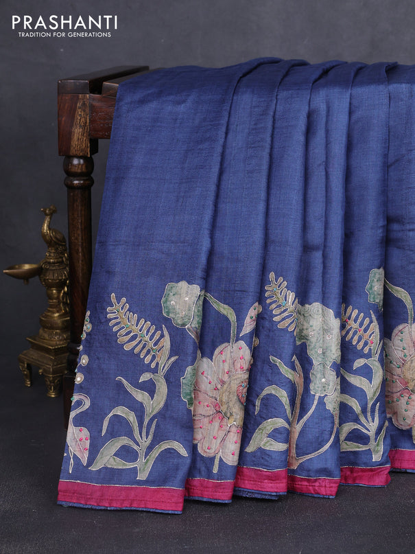 Pure tussar silk saree navy blue and dark pink with prints & embroidery knot work