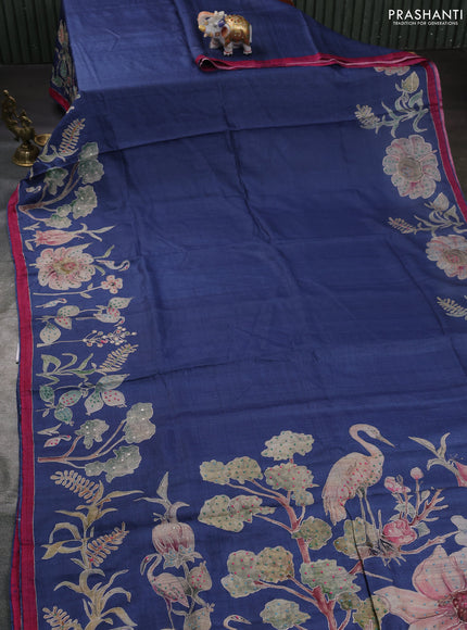 Pure tussar silk saree navy blue and dark pink with prints & embroidery knot work