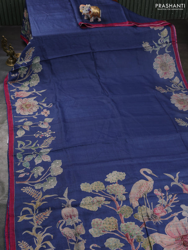 Pure tussar silk saree navy blue and dark pink with prints & embroidery knot work