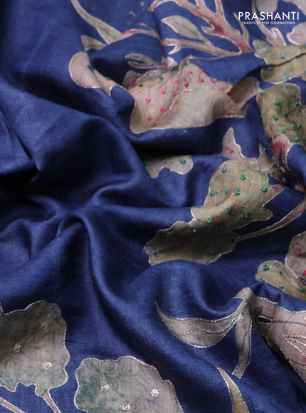 Pure tussar silk saree navy blue and dark pink with prints & embroidery knot work