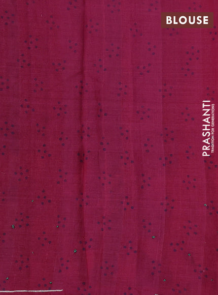 Pure tussar silk saree navy blue and dark pink with prints & embroidery knot work