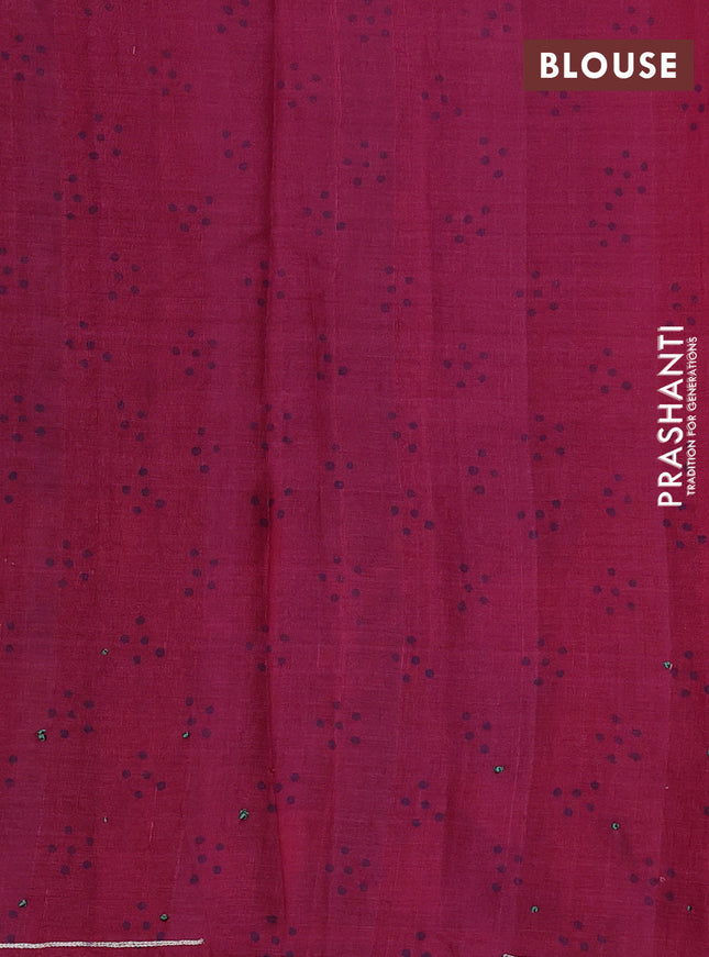 Pure tussar silk saree navy blue and dark pink with prints & embroidery knot work