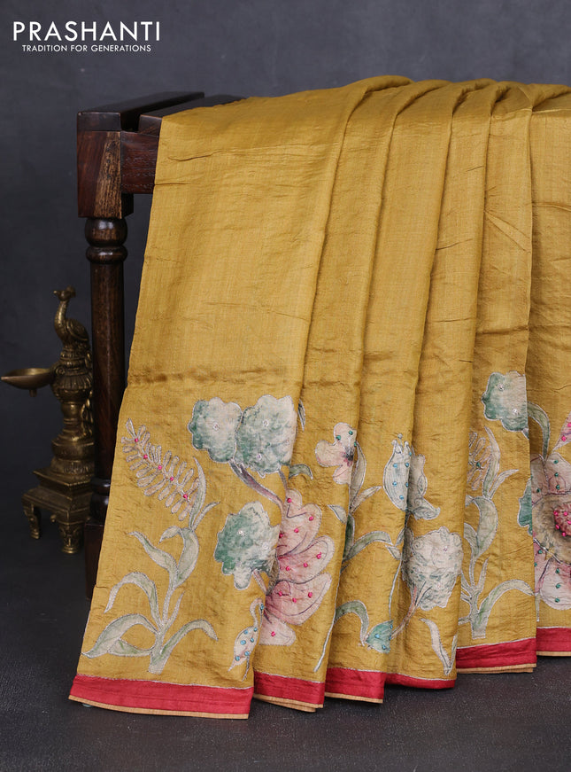 Pure tussar silk saree mustard shade and red with prints & embroidery knot work