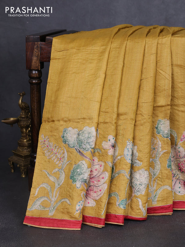 Pure tussar silk saree mustard shade and red with prints & embroidery knot work
