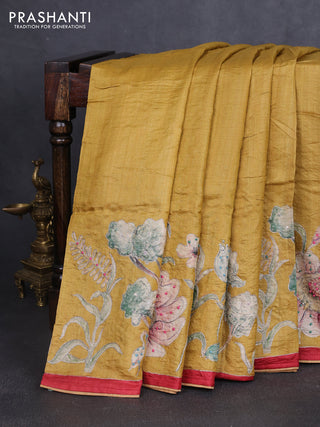 Pure tussar silk saree mustard shade and red with prints & embroidery knot work