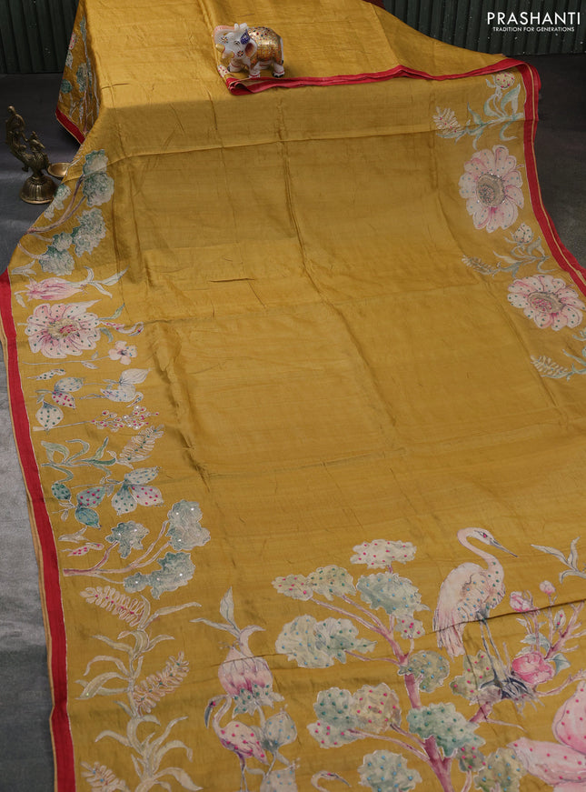 Pure tussar silk saree mustard shade and red with prints & embroidery knot work