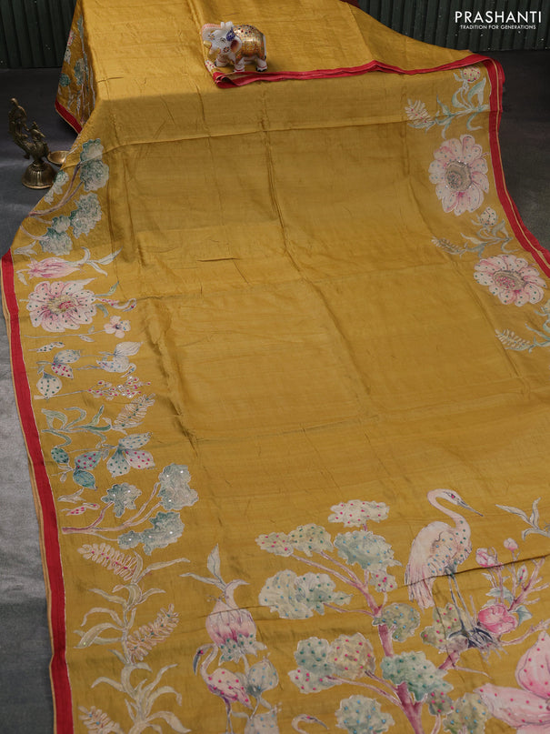 Pure tussar silk saree mustard shade and red with prints & embroidery knot work