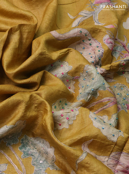 Pure tussar silk saree mustard shade and red with prints & embroidery knot work