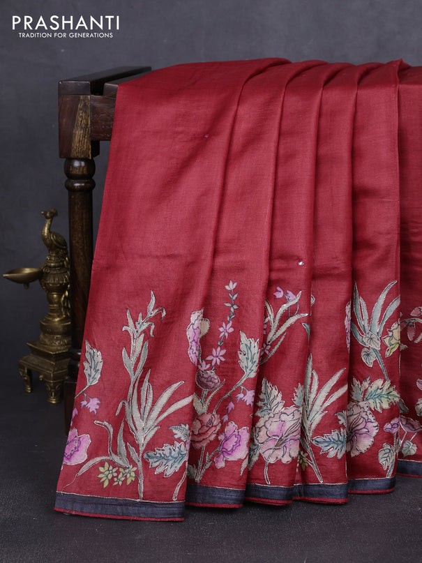 Pure tussar silk saree red and black with mirror embroidery work and prints & embroidery work pallu