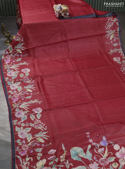 Pure tussar silk saree red and black with mirror embroidery work and prints & embroidery work pallu
